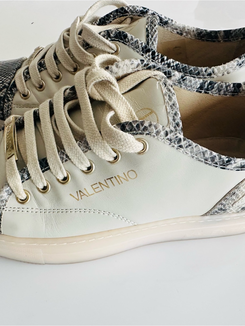 Valentino Ivory Leather Low-Top Sneakers with Snake-Print Trim